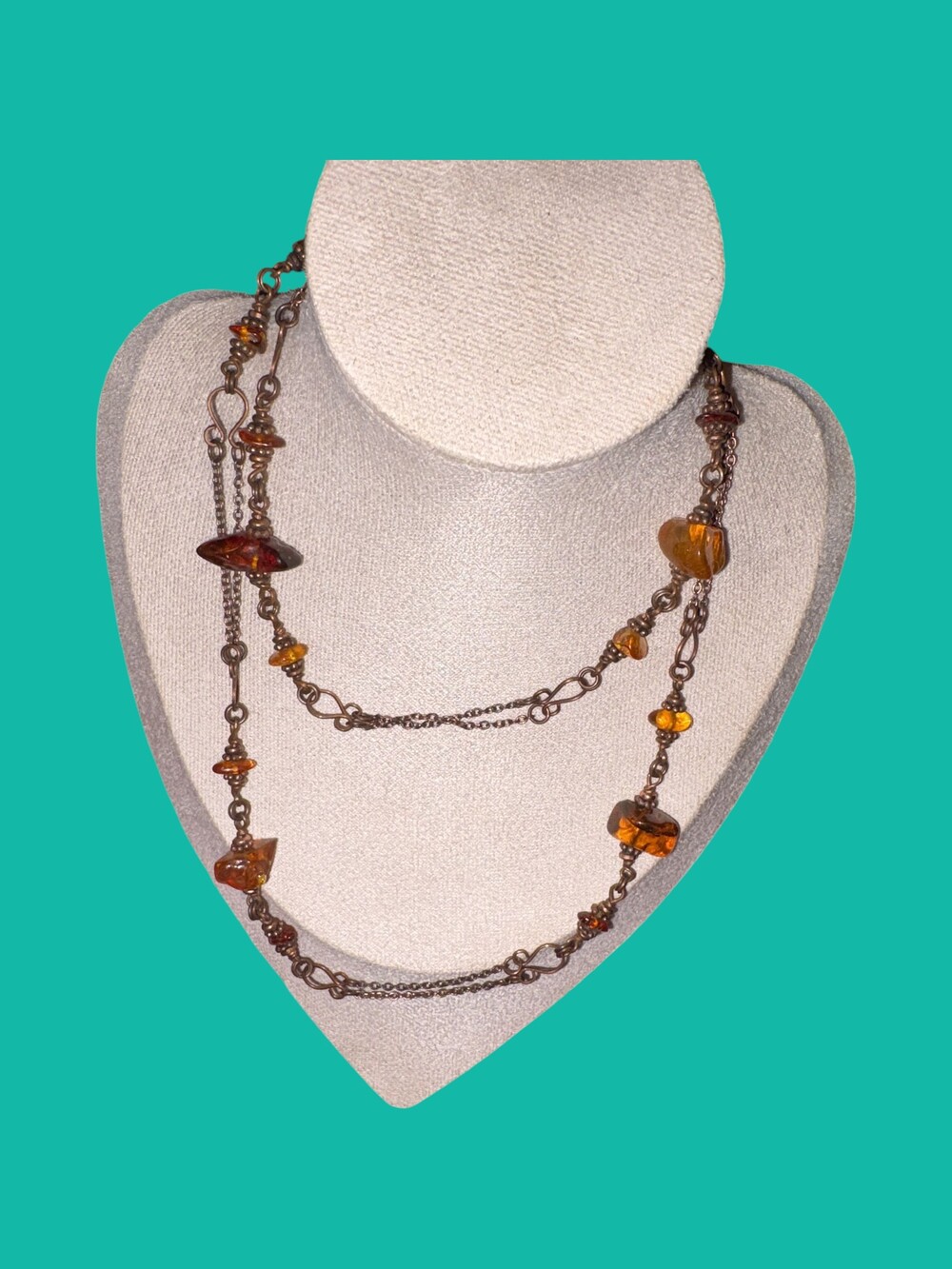 Amber Multi Bead Necklace Metal Chain Vintage Style